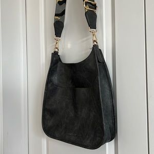Faux Leather Grey Crossbody Bag With Camo Strap